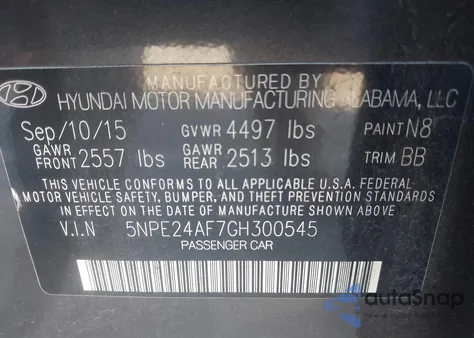 2016 Hyundai Sonata Se z USA, uszkodzony, nr VIN 5NPE24AF7GH300545